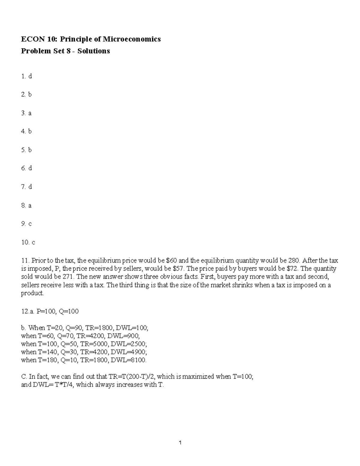 ECON 103: Microeconomics Problem Set 8 Solutions and Analysis - Studocu