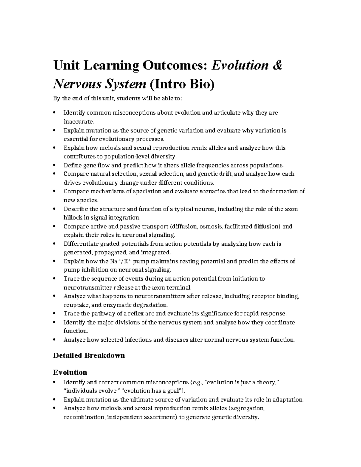 Unit Learning Outcomes: Evolution & Nervous System (Bio101) - Studocu