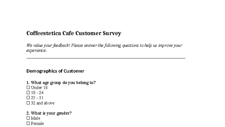 Coffeestetica Cafe Customer Survey Insights - Ergo-questions-1 - Studocu