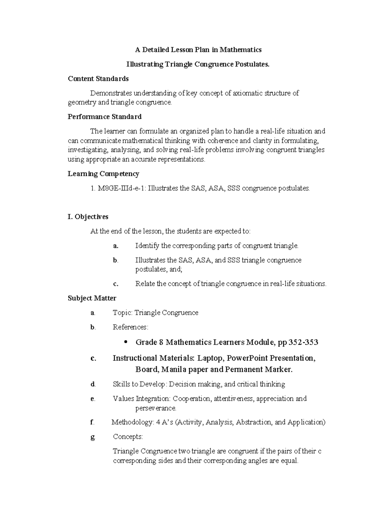 M8GE-IIId-e-1: Detailed Lesson Plan on Triangle Congruence Postulates ...