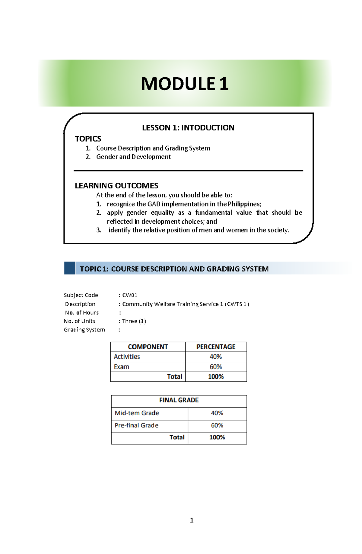 NSTP-CWTS Lesson Overview: Gender Development & Anti-Bullying Guide ...
