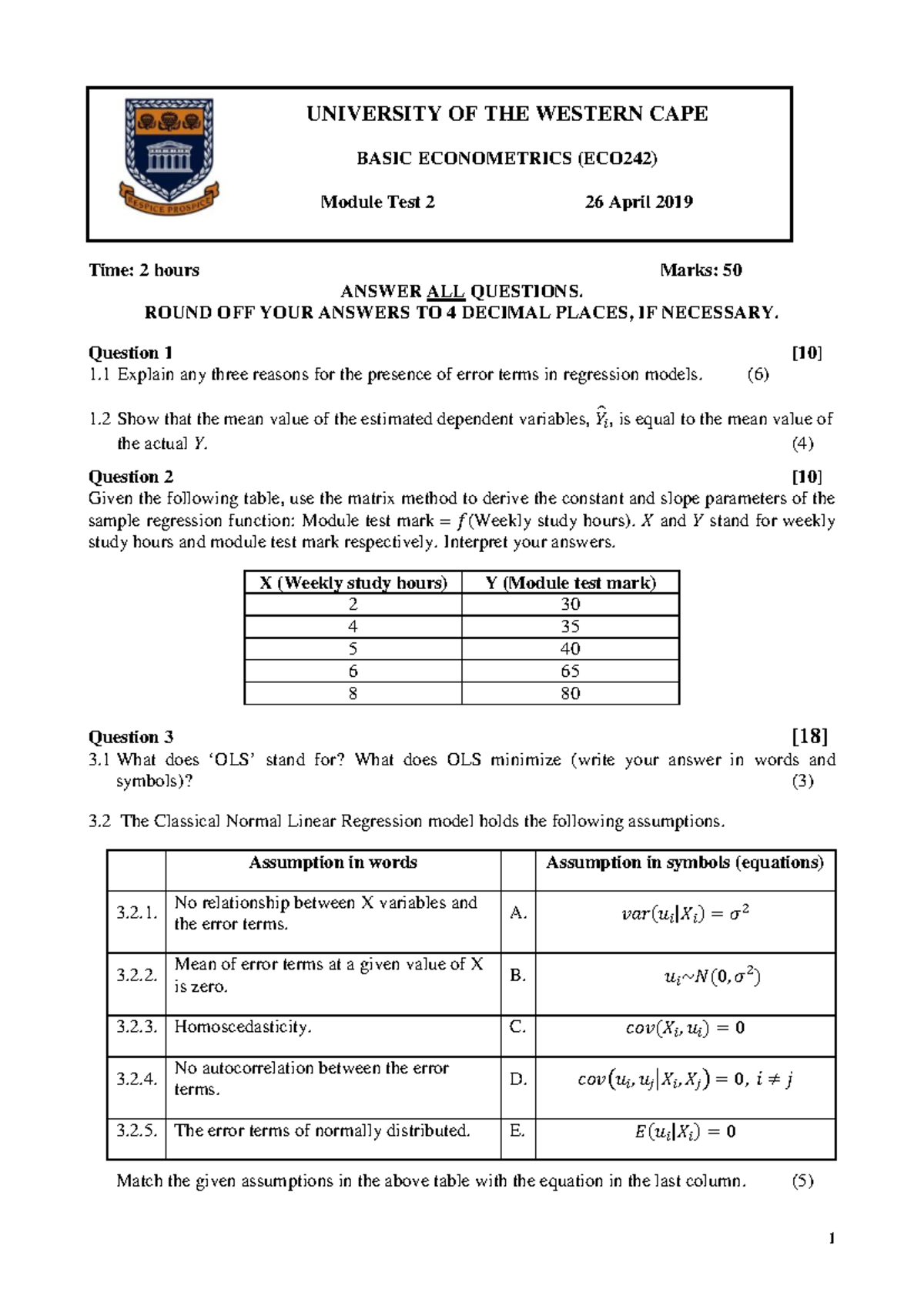 ECO242 Basic Econometrics Module Test 2 - 26 April 2019 Answers - Studocu