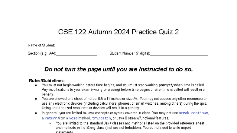 CSE 122 Au 2024 Java Concepts Practice Quiz 2 - Studocu
