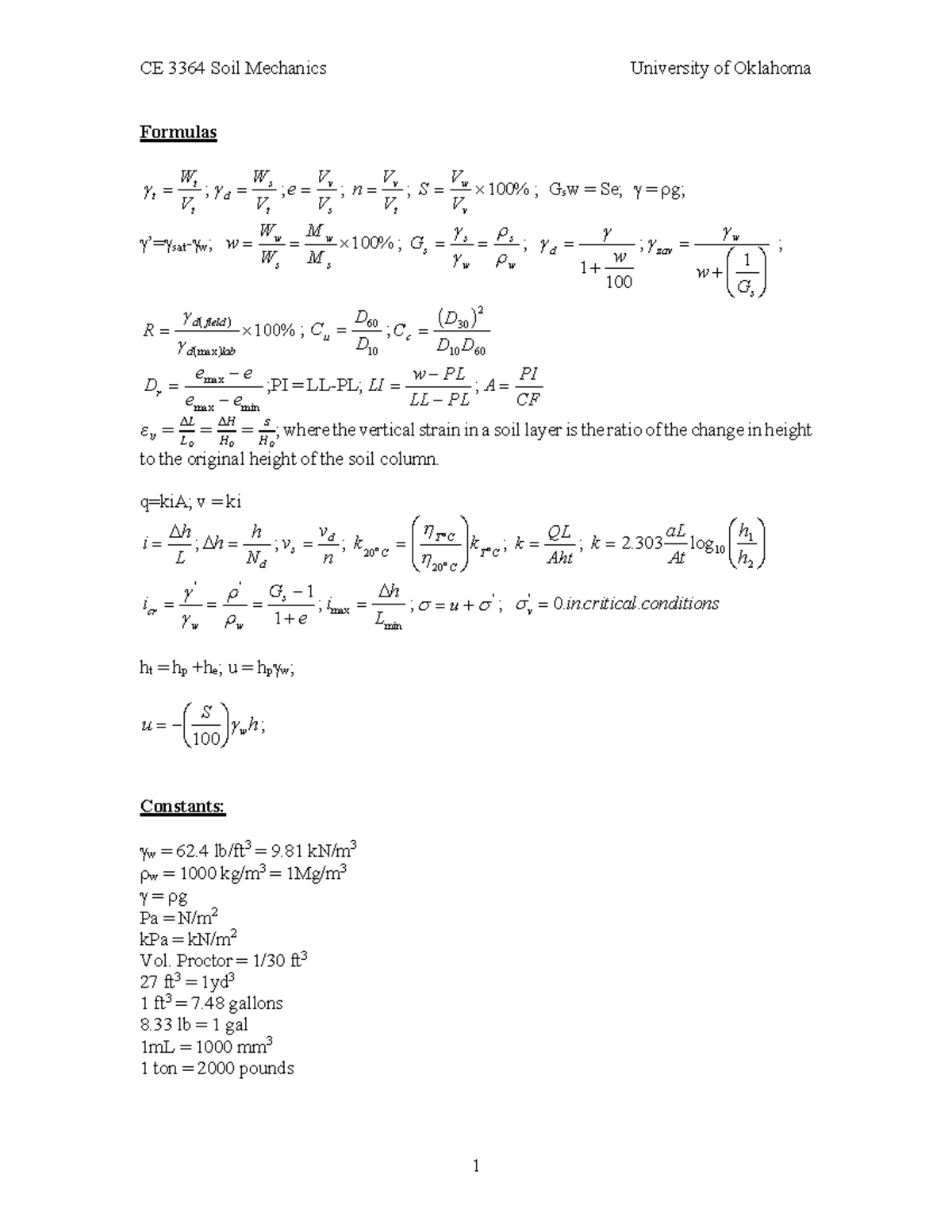 CE 3364 Soil Mechanics Exam #1 Formulas and Constants - Studocu