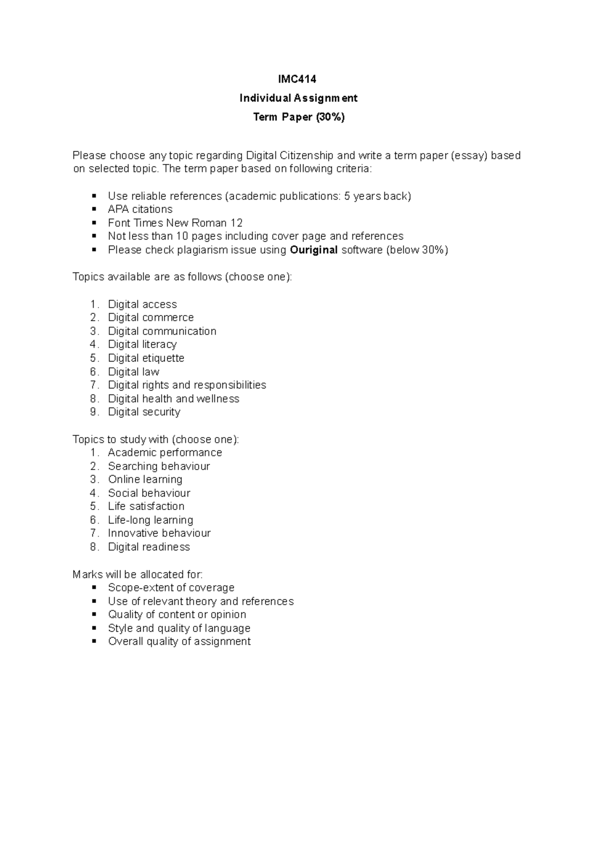 IMC414 Term Paper Guidelines on Digital Citizenship Topics - Studocu