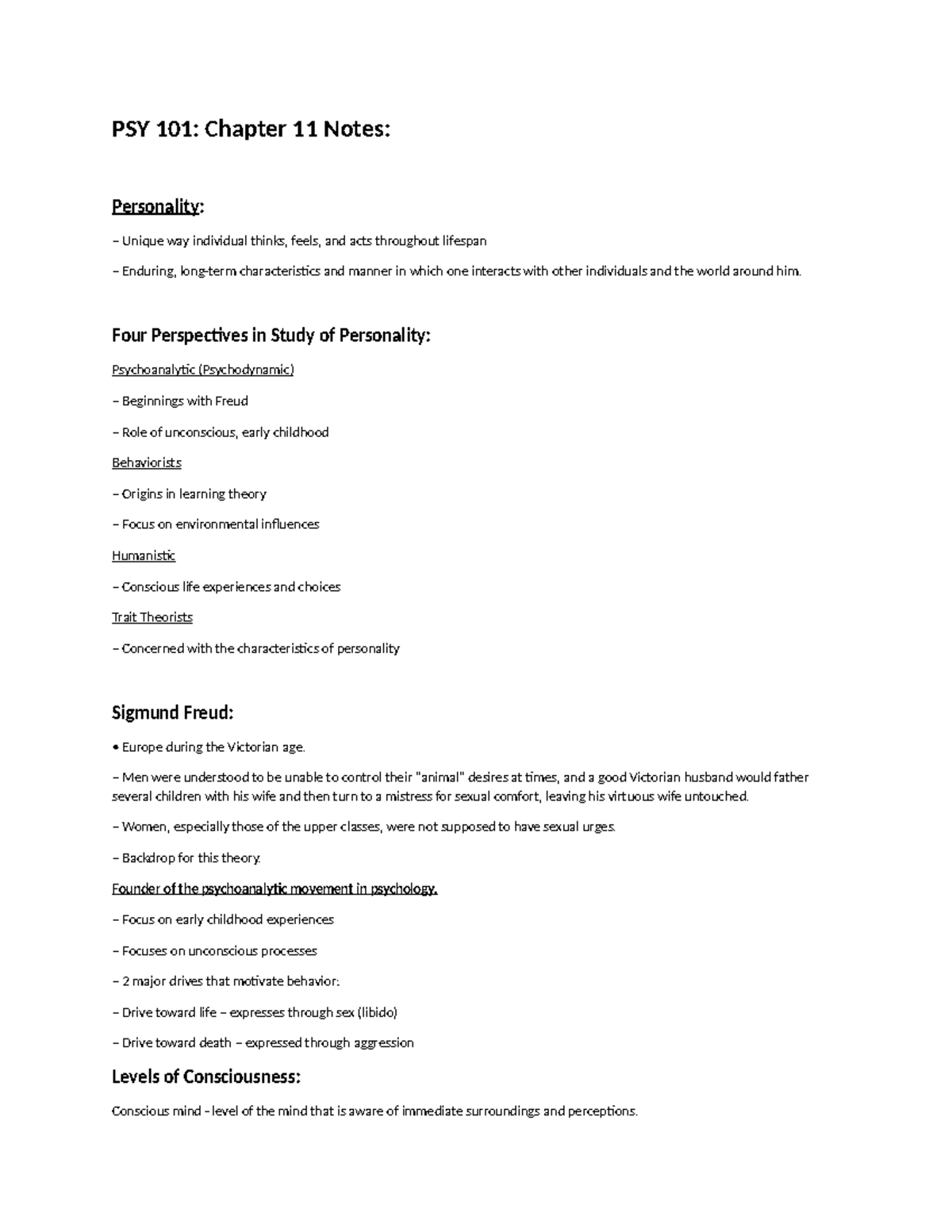 PSY 101: Chapter 11 Personality Theories & Psychosocial Dynamics Notes ...