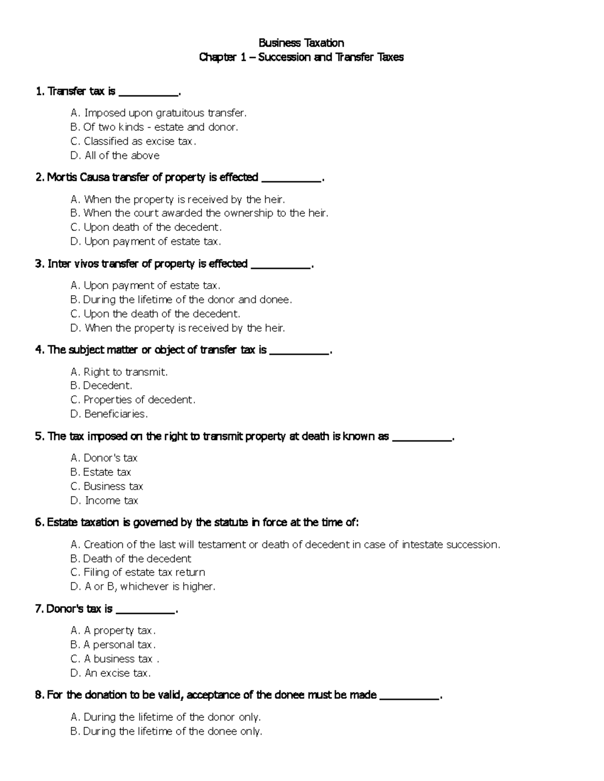 Business Tax Chapter 1 Questions - Business Taxation Chapter 1 ...