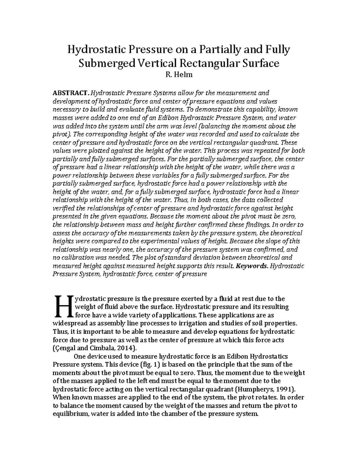 Hydrostatic Pressure Lab (ENGR 202): Force and Center of Pressure ...