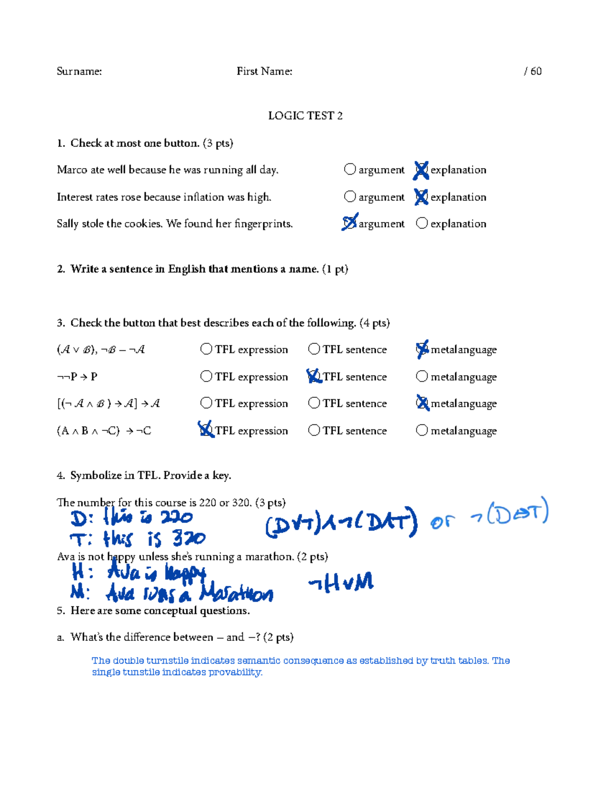 Logic Test 2 Key for Course 220/320: Answers & Explanations - Studocu