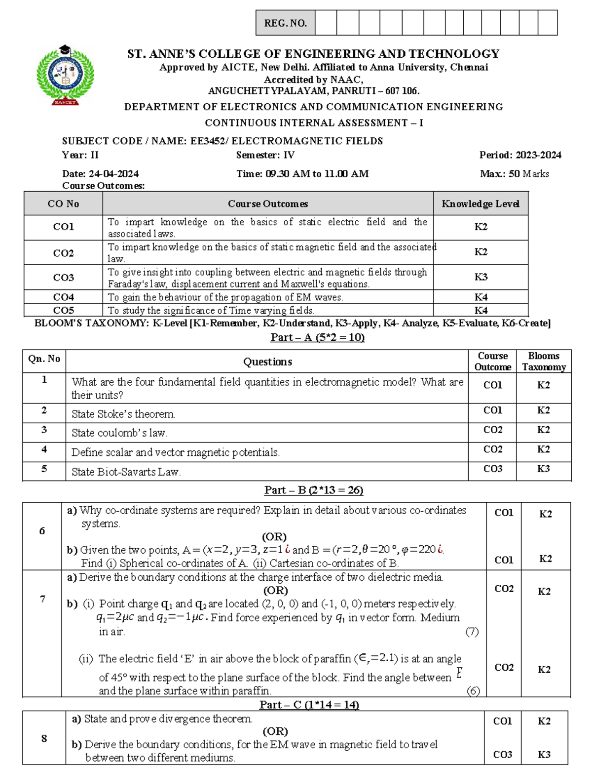 2022-ECE-4-CIA-I-EC3452- Electromagnetic Fields Question Paper - Studocu