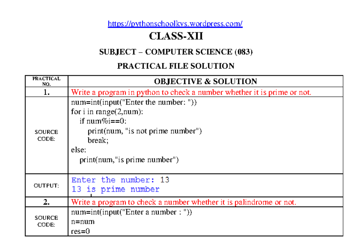 Computer Science (083) Practical File: Python Program Solutions - Studocu