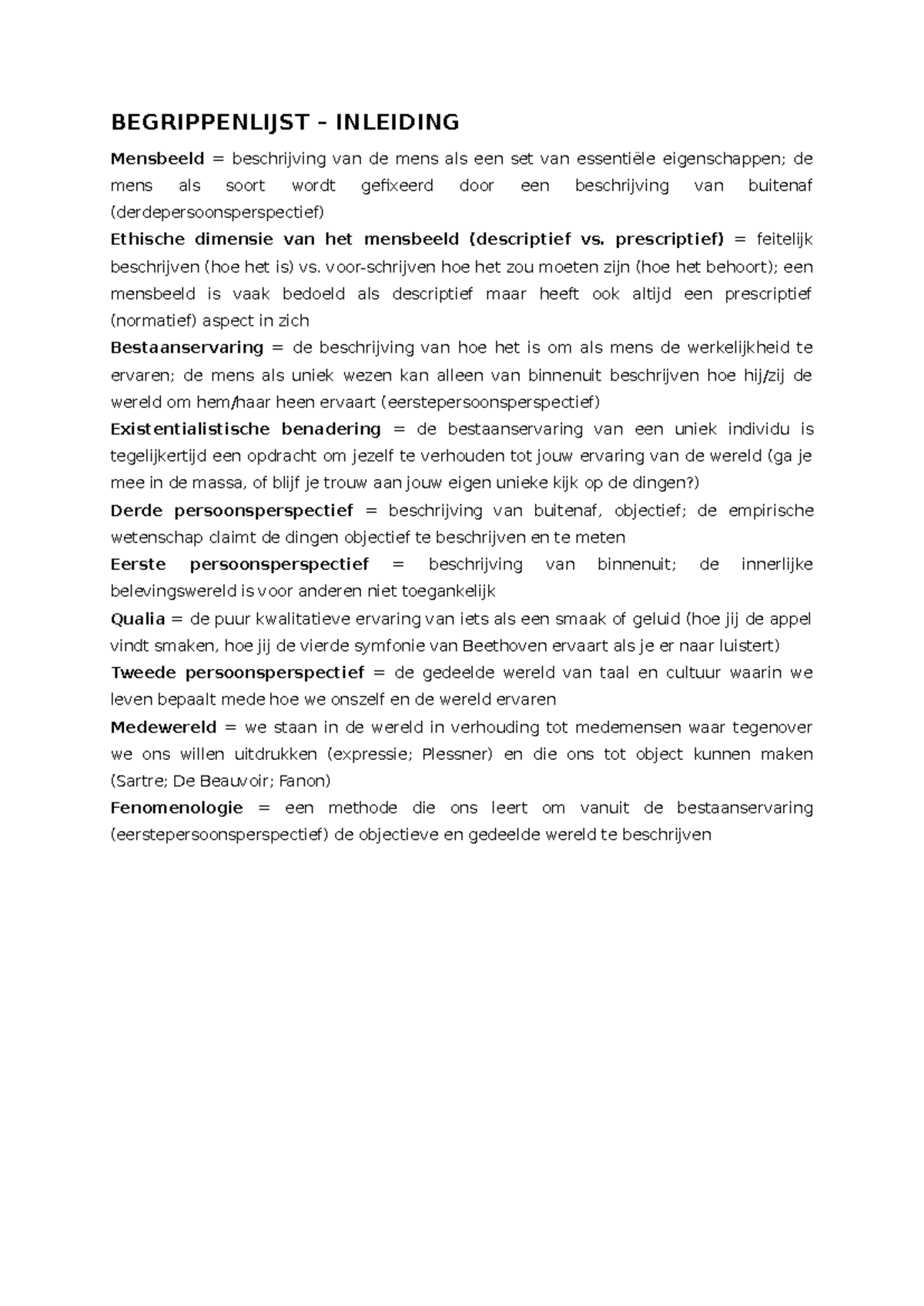 BEGRIPPENLIJST INLEIDING FILOSOFIE: Mensbeeld en Existentialisme ...