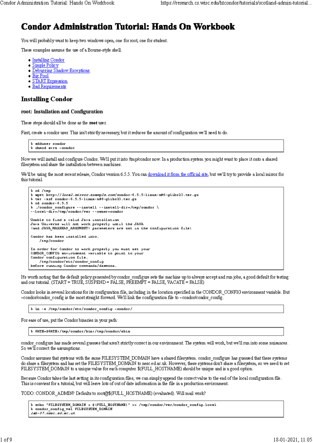 Condor Administration Tutorial: Hands-On Workbook (Part 1 of 9) - Studocu