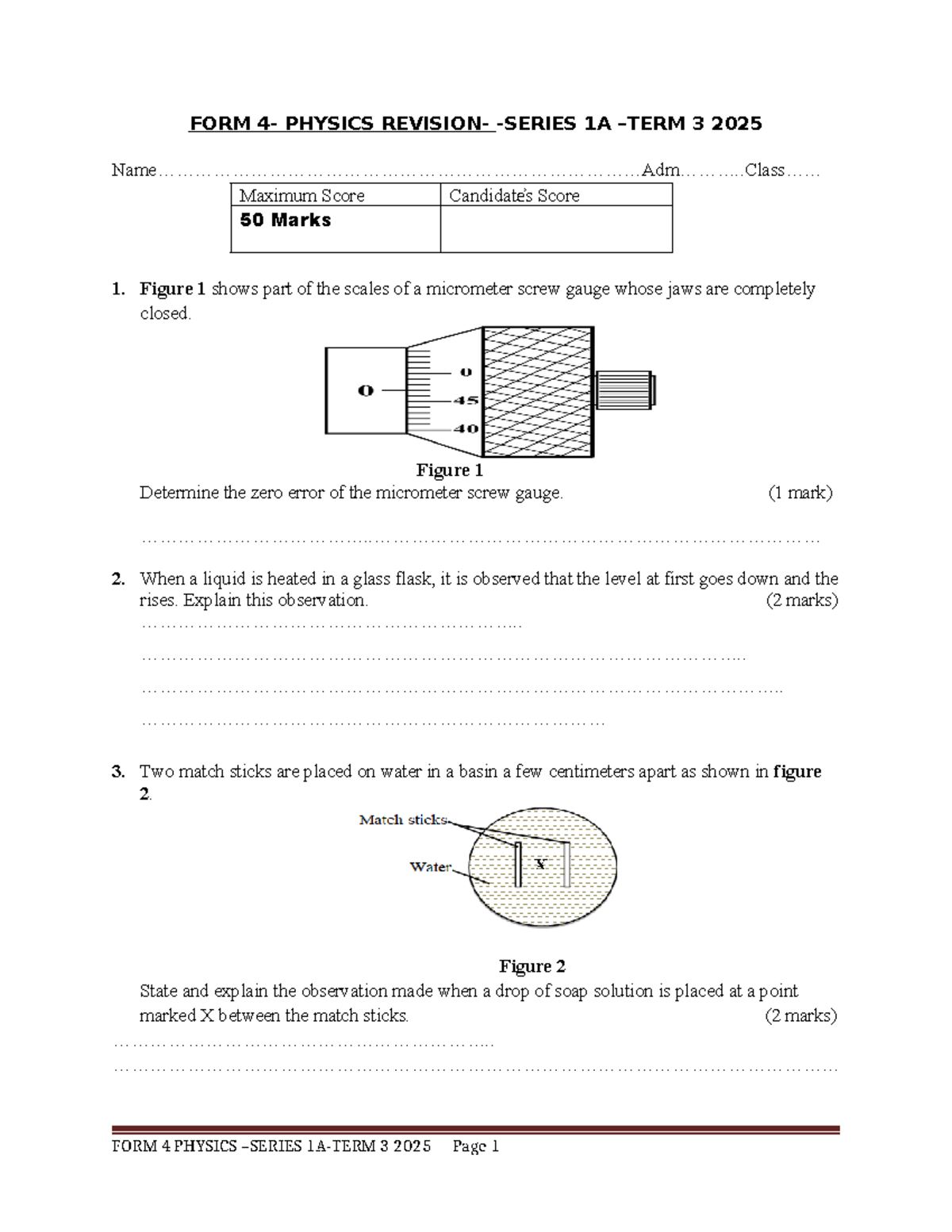 FORM 4 PHYSICS 1A REVISION SERIES 1 TERM 3 2025 - Studocu