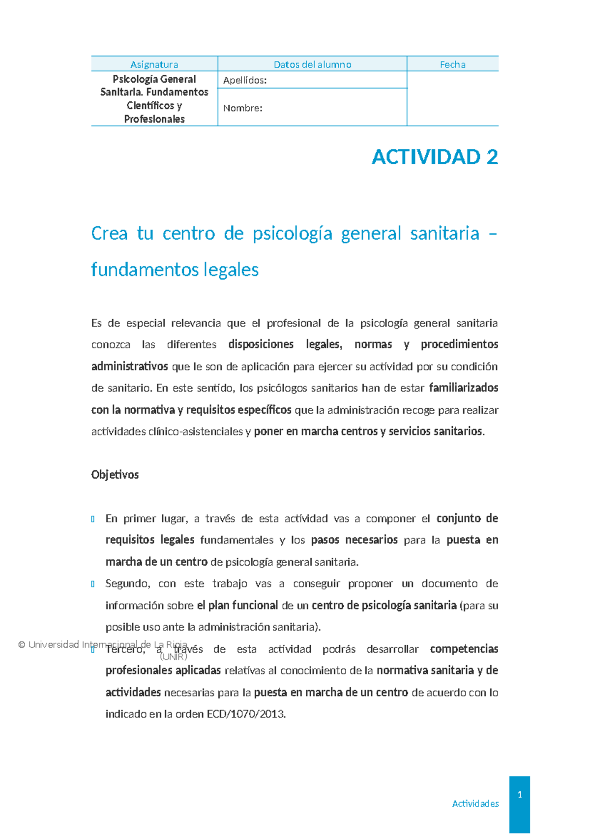 Psisa 01 Act 2 - Creación de un Centro de Psicología Sanitaria - Studocu