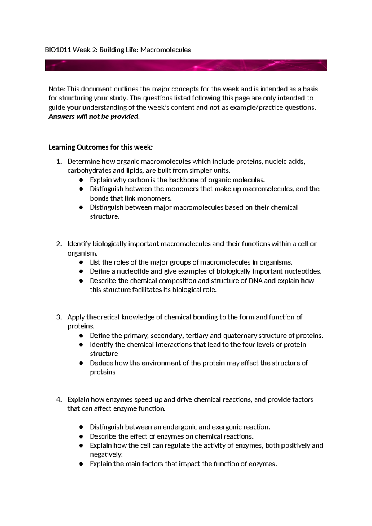 Week 2 Study Guide (1) - BIO1011 Week 2: Building Life: Macromolecules ...