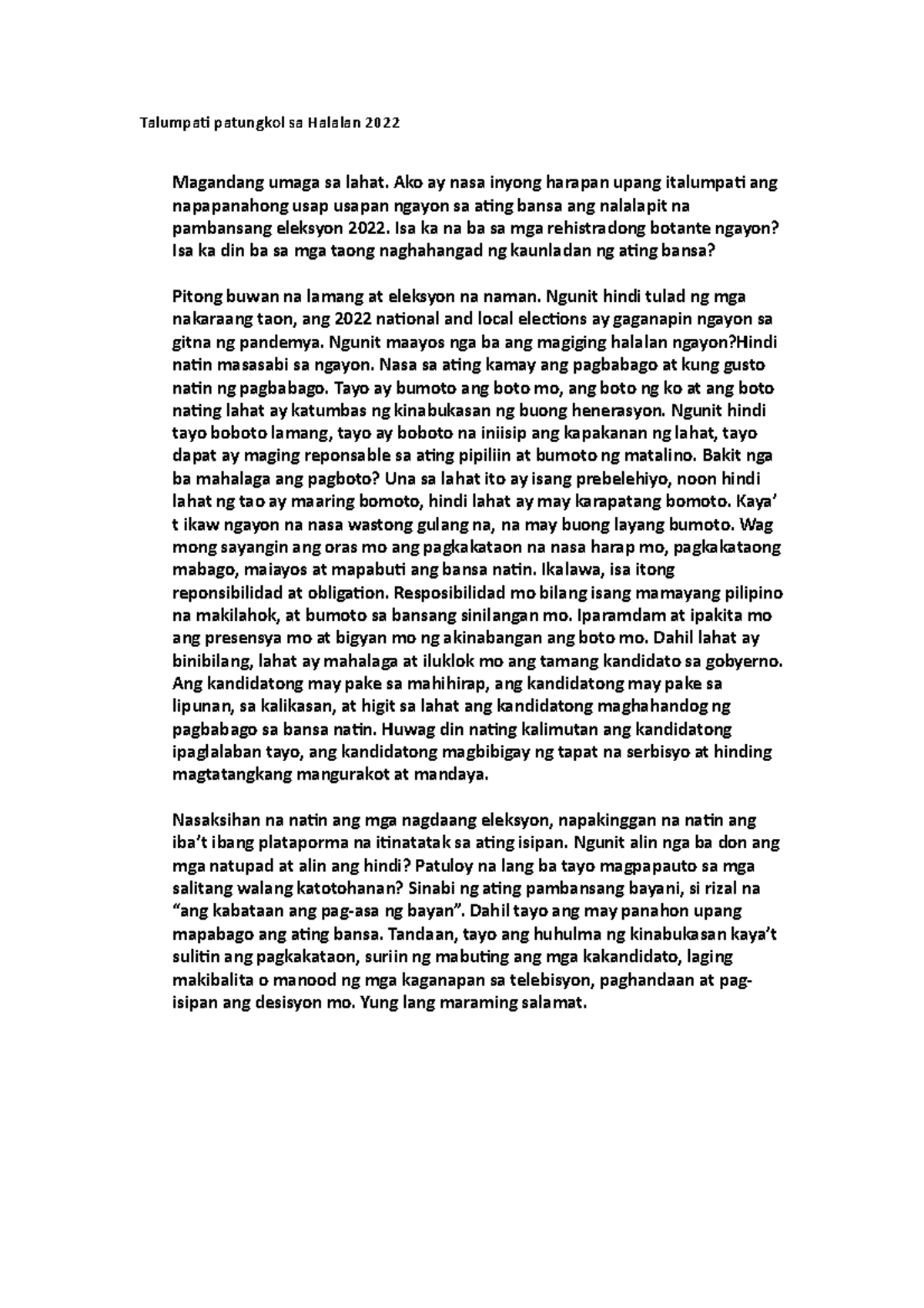 Talumpati - N/A - Talumpati patungkol sa Halalan 2022 Magandang umaga ...