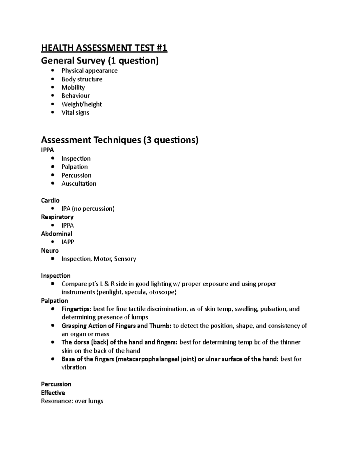 Health Assessment: Test 1 Review Guide (NURS 101) - Studocu