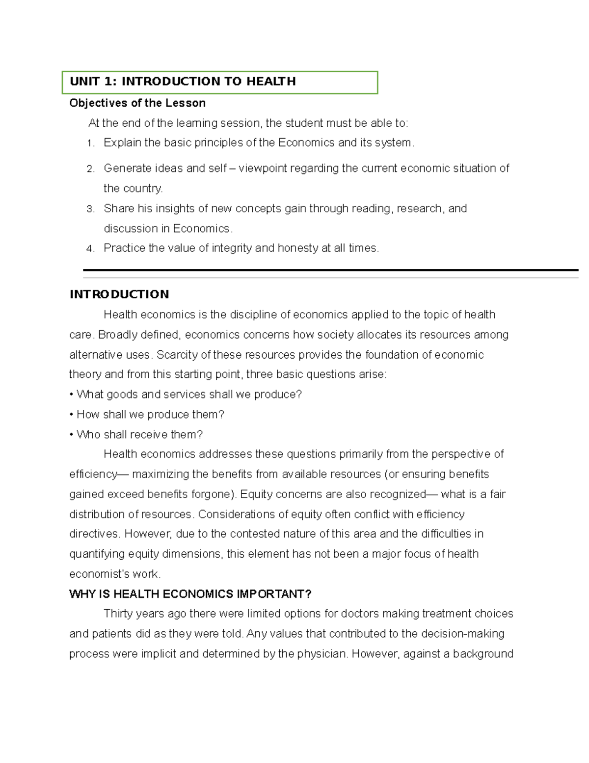 Unit 1: Intro to Health Economics and Resource Allocation Principles ...