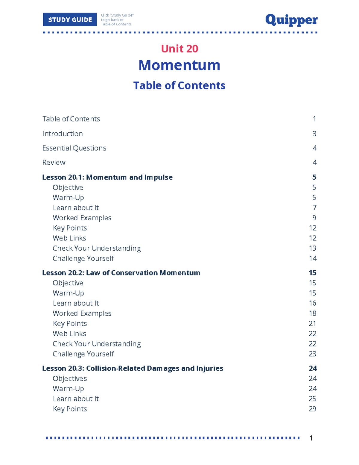 20. Science 9 Unit 20 Momentum (Study Guide) - Momentum - Unit Table of ...