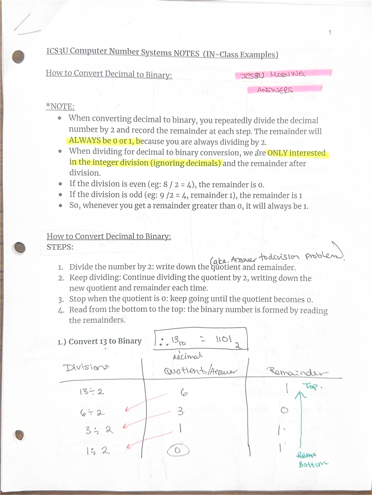 ICS3U Computer Number Systems Notes (IN-Class Examples) - 1 ICS3U ...