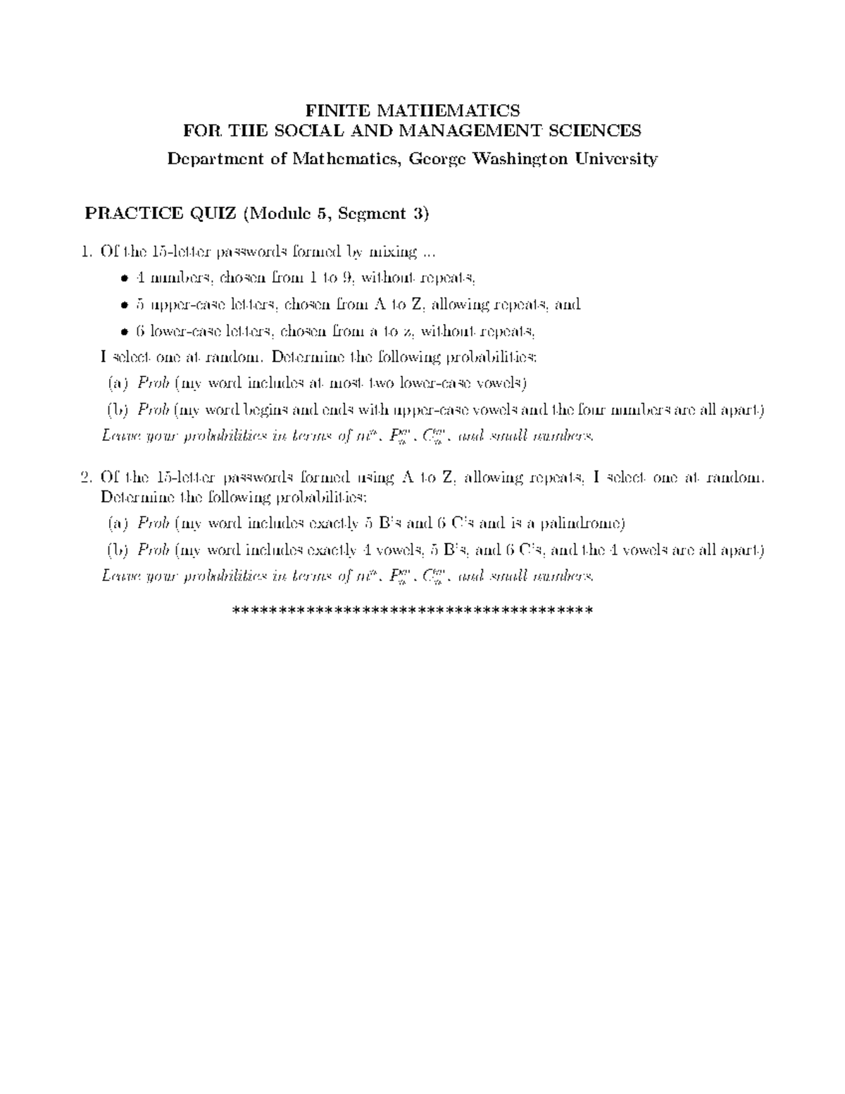 Finite Mathematics Practice Quiz (MATH 101, Module 5, Segment 3 ...