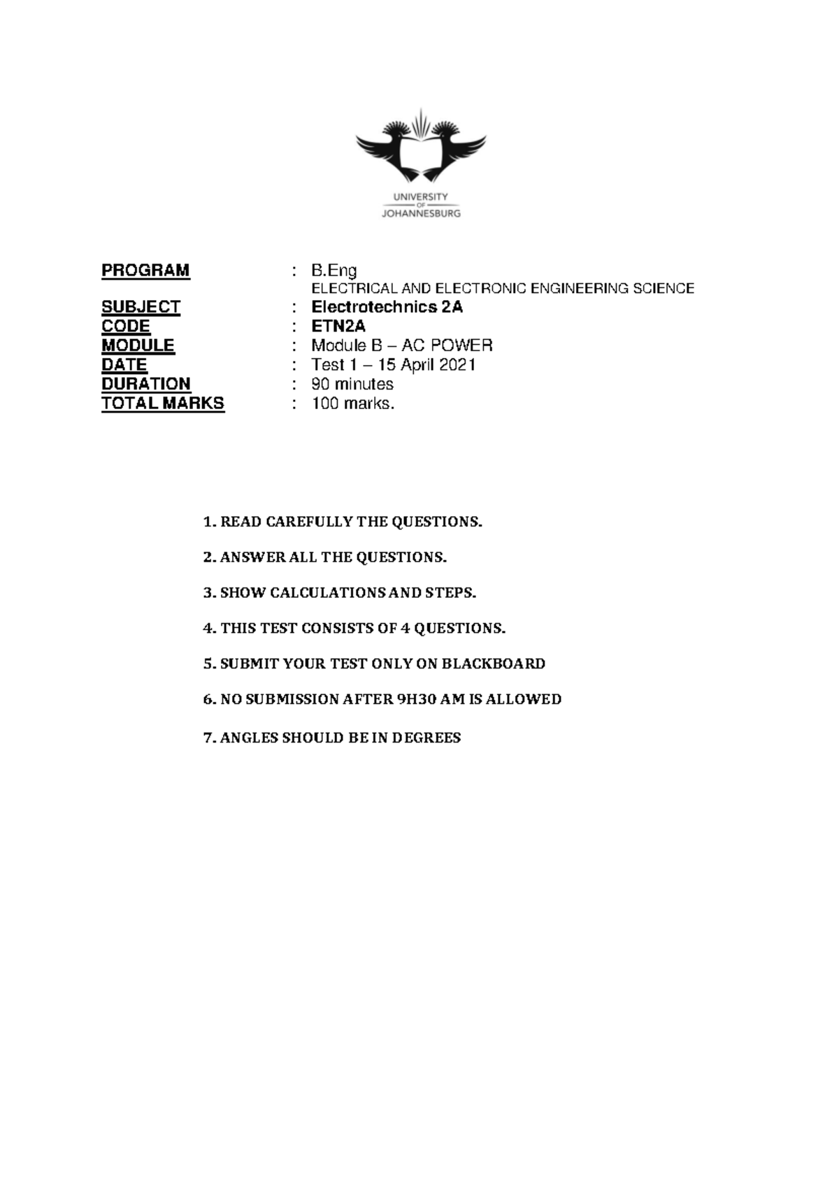 Outcome B test1 - PROGRAM : B ELECTRICAL AND ELECTRONIC ENGINEERING ...