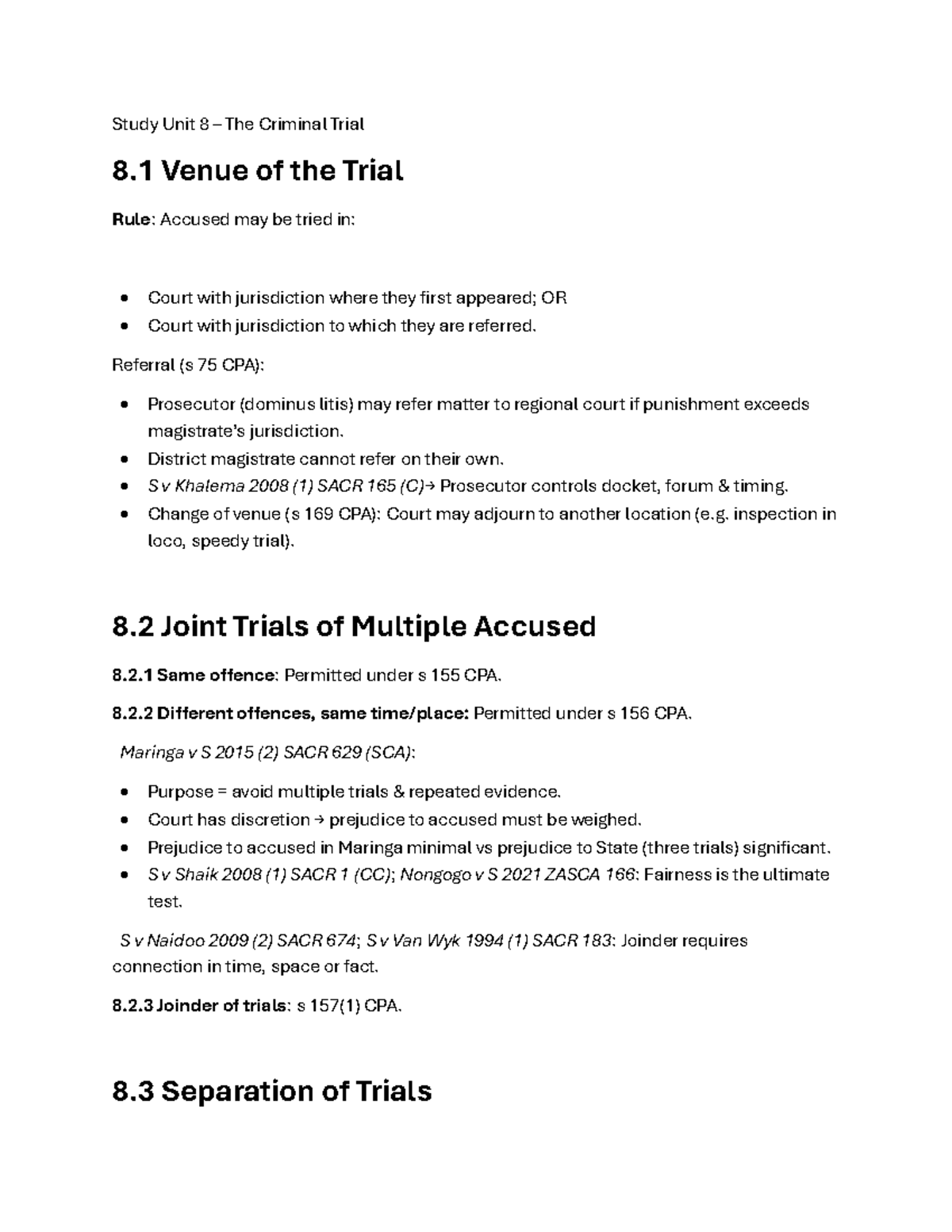 Study Unit 8: The Criminal Trial Process and Key Rules - Studocu