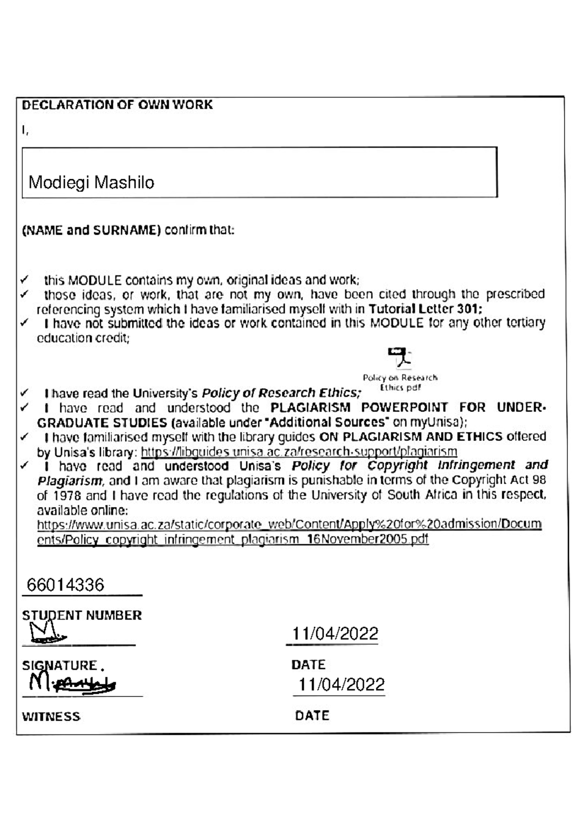 Dpr1505 ass02 - DECLARATION OF OWN WORK I, Modiegi Mashilo (NAME and ...