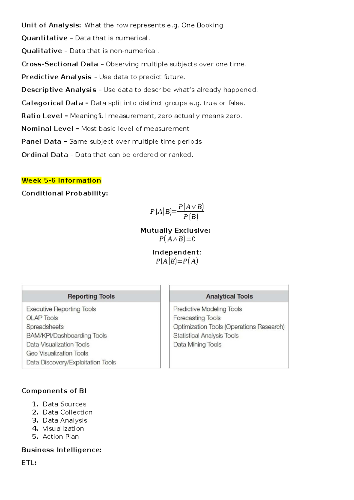 BUSN1200: Comprehensive Notes on Business Intelligence Concepts - Studocu
