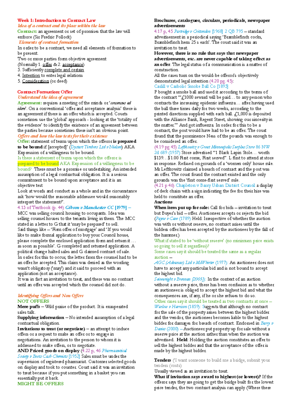 Contracts Law Exam Notes (LAW101) - Week 1 to Week 9 Overview - Studocu