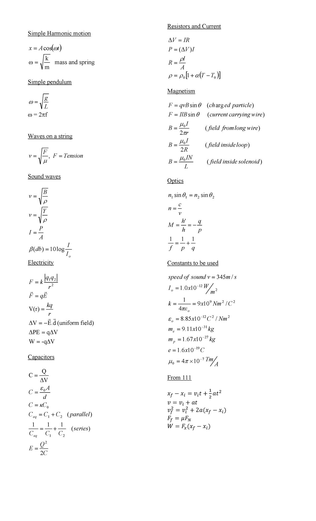 Equation sheet for physics - Phys 115 - Yorku - Studocu