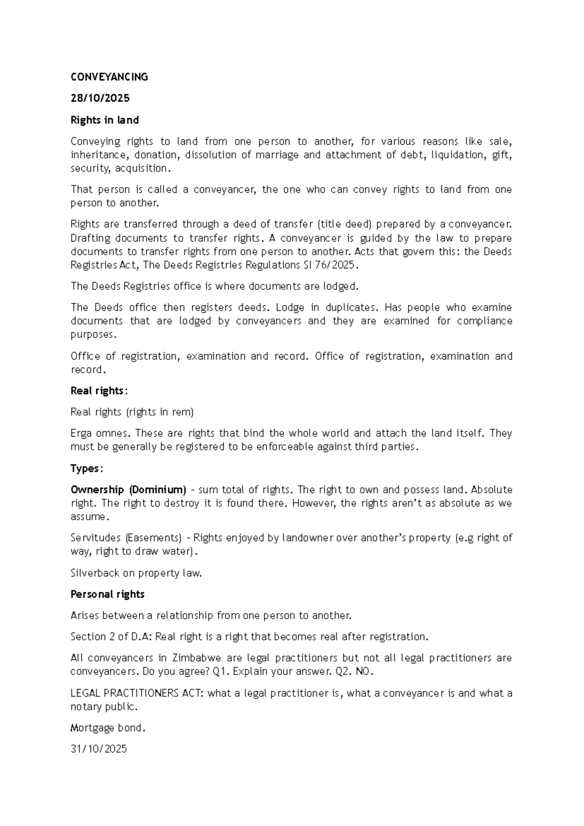 Conveyancing Rights in Land: Comprehensive Course Outline Notes - Studocu