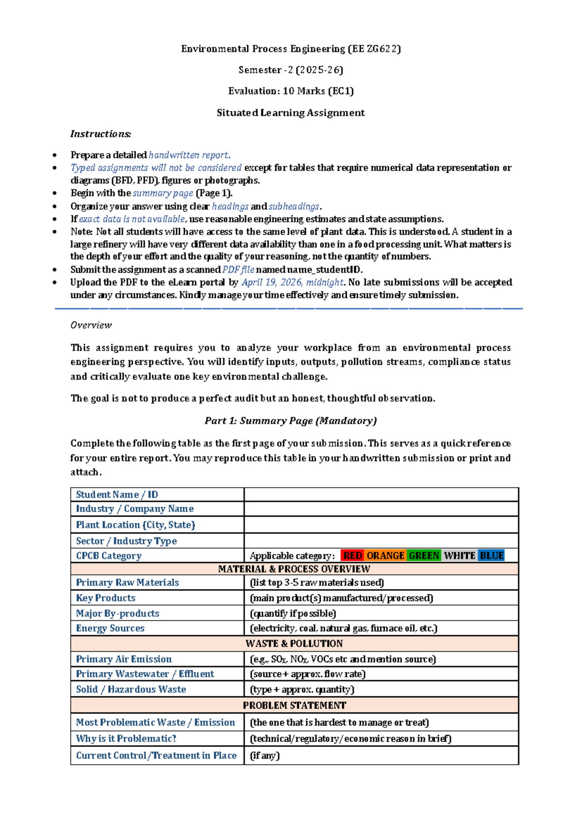 EE ZG622 Environmental Process Engineering Semester Evaluation ...