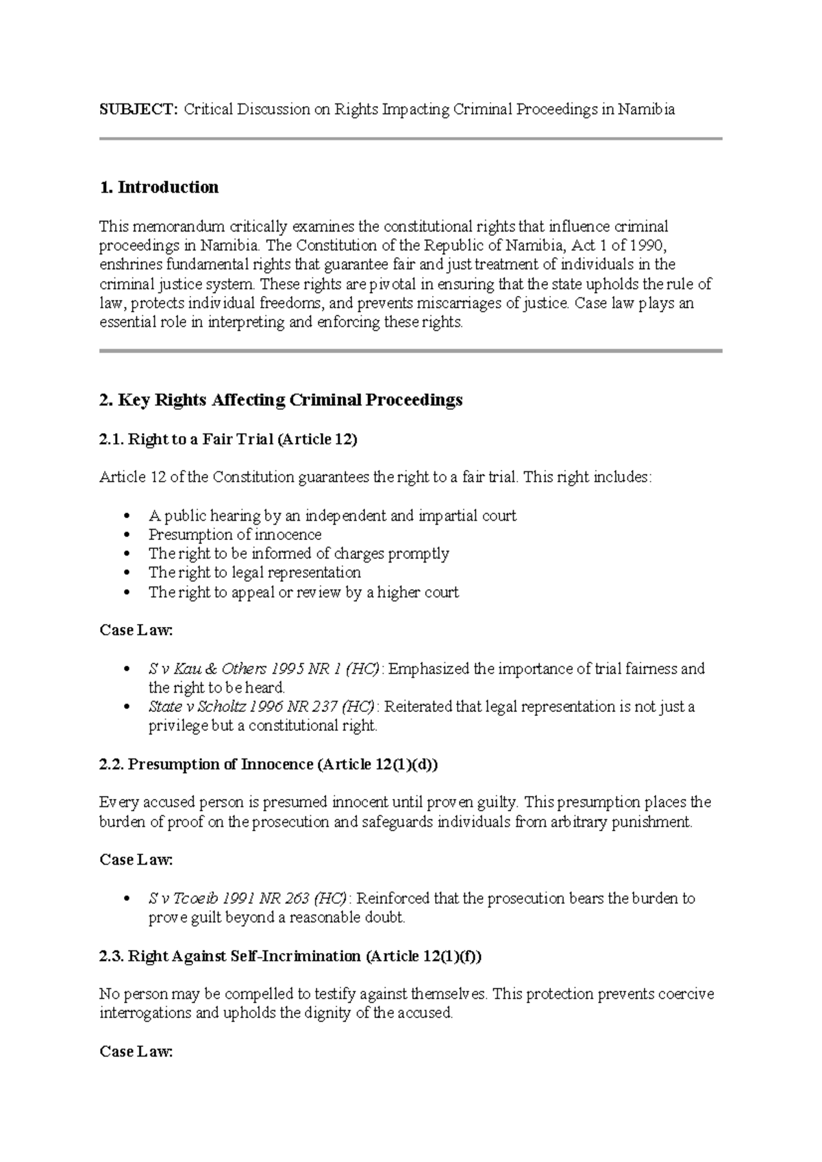 MEMO: Human Rights Impacting Criminal Proceedings in Namibia - Studocu