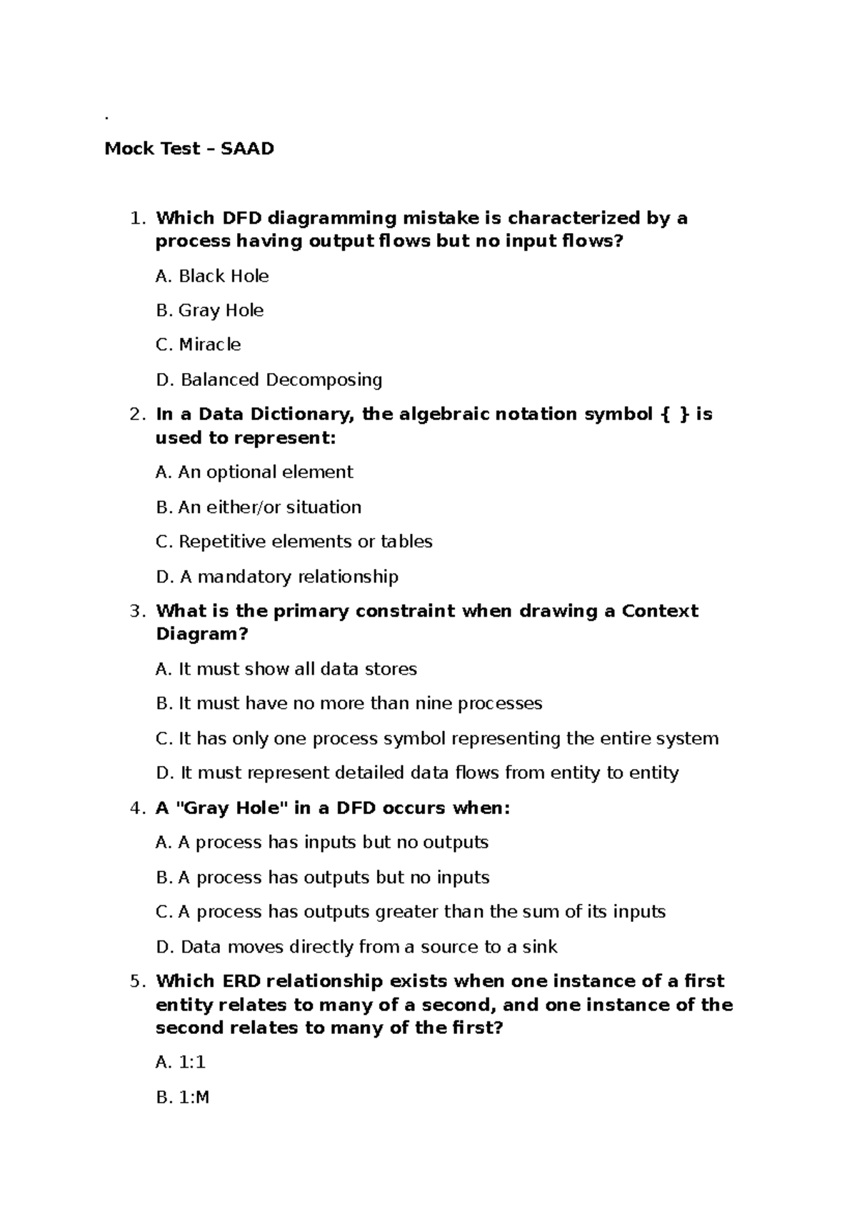 SAAD Mock Test: DFDs, ERDs, and System Design Concepts - Studocu