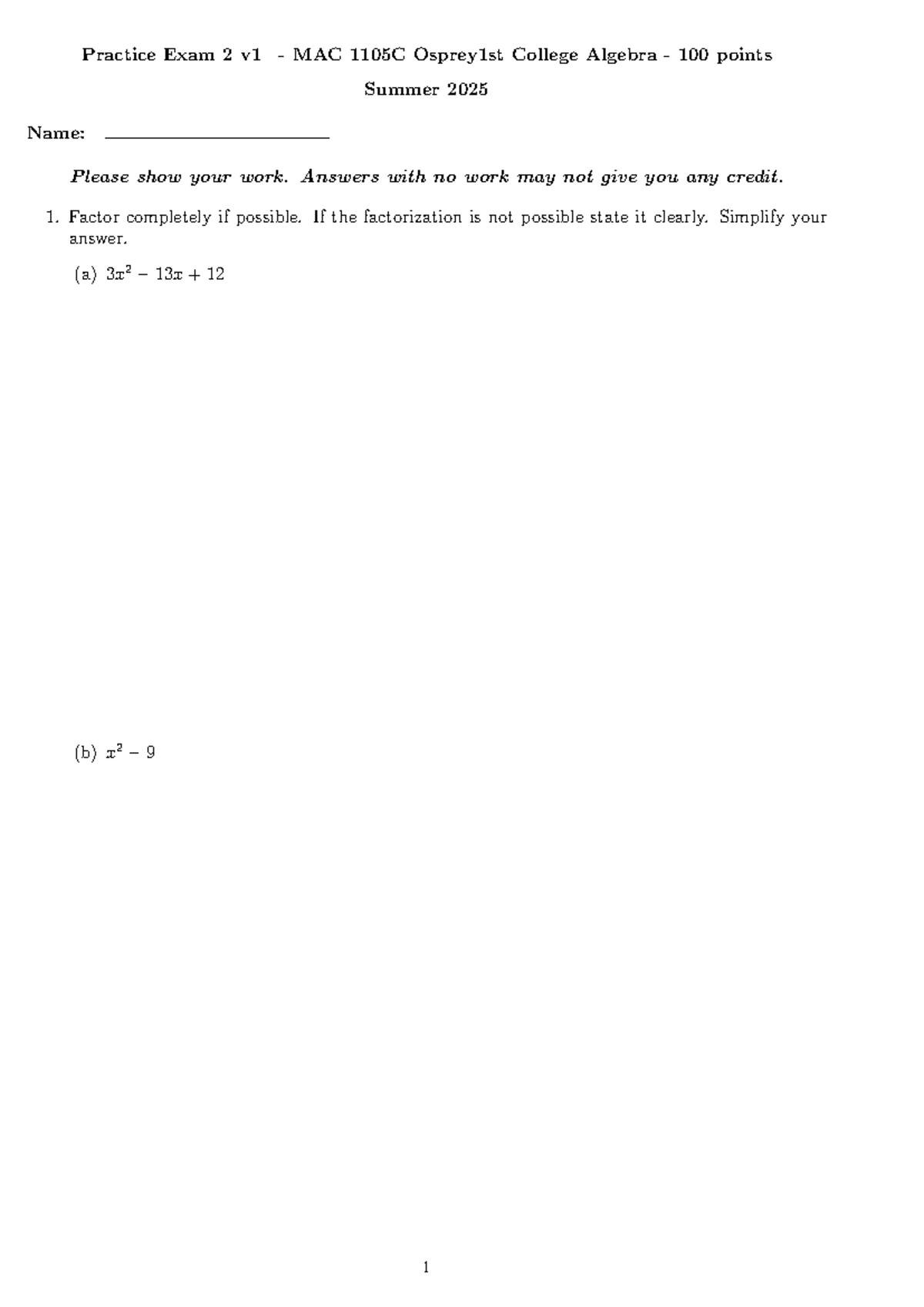 Practice Exam 2 - MAC 1105C College Algebra (Summer 2025) - Studocu