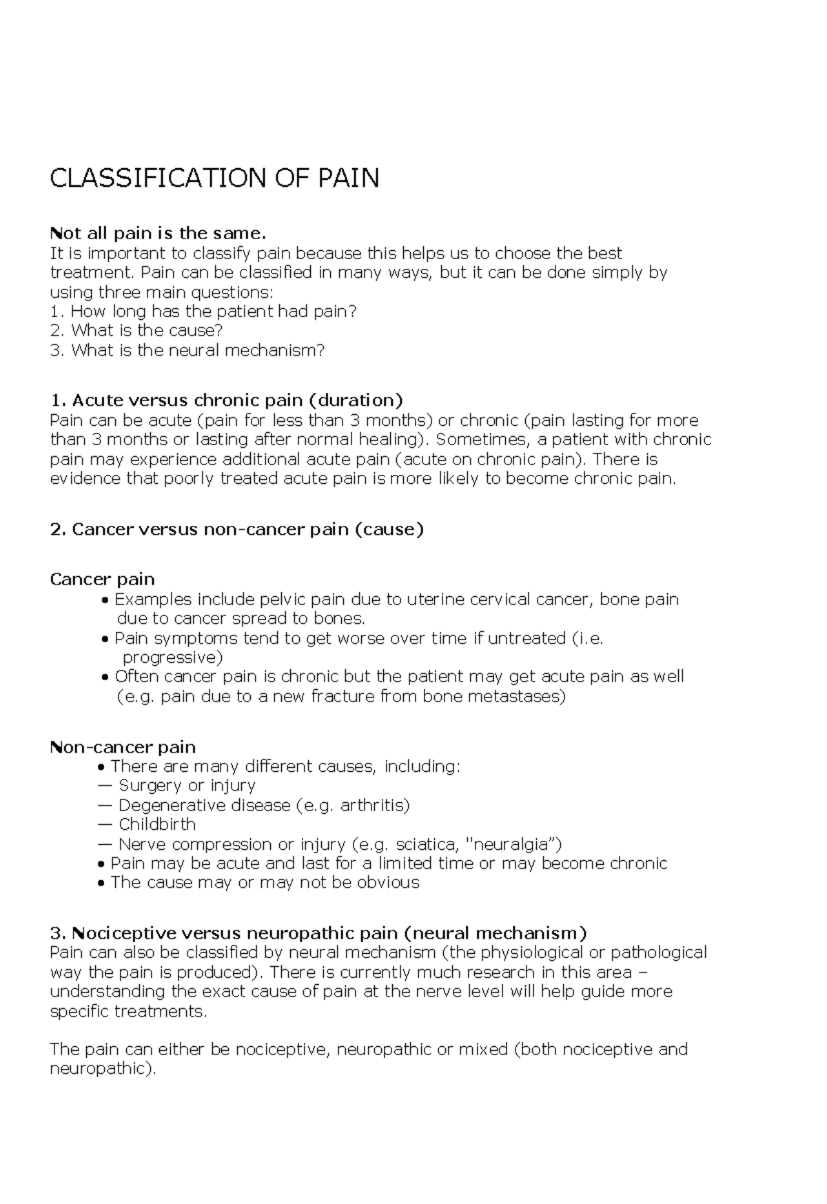 Pain revision - Lecture notes pain lecture - CLASSIFICATION OF PAIN Not ...