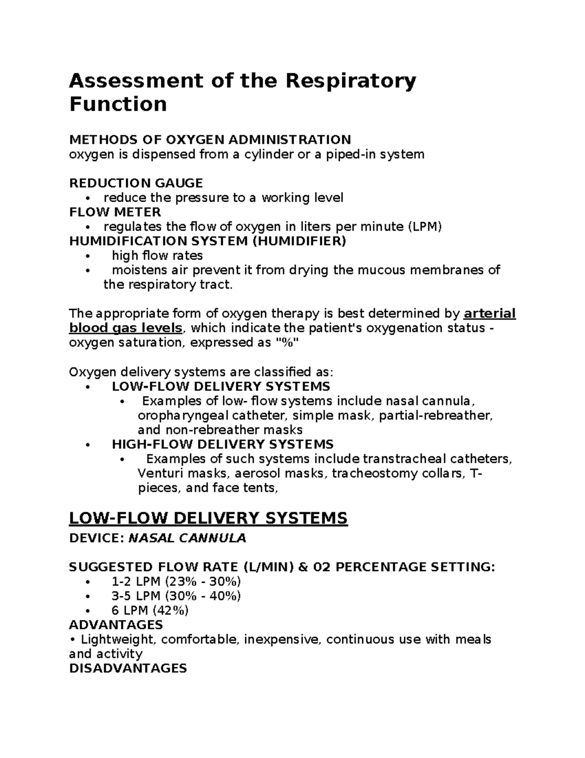 Medsurg-1: Assessment of Respiratory Function & Oxygen Therapy Methods ...