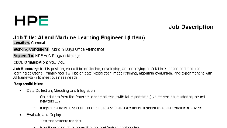 HPE JD: AI & ML Engineer I Intern Role Overview - Studocu