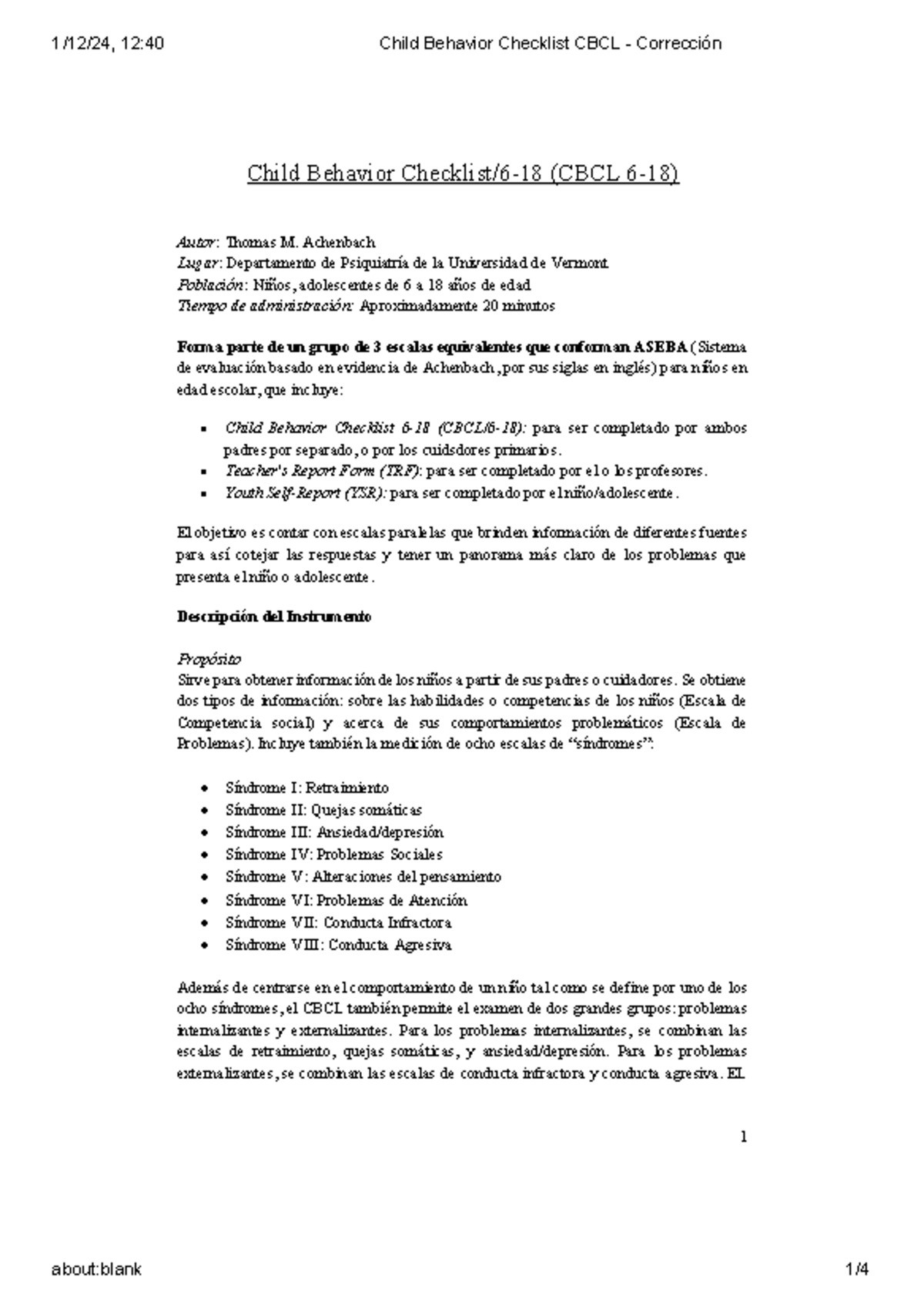 Evaluación y Corrección del Child Behavior Checklist (CBCL 6-18) - Studocu