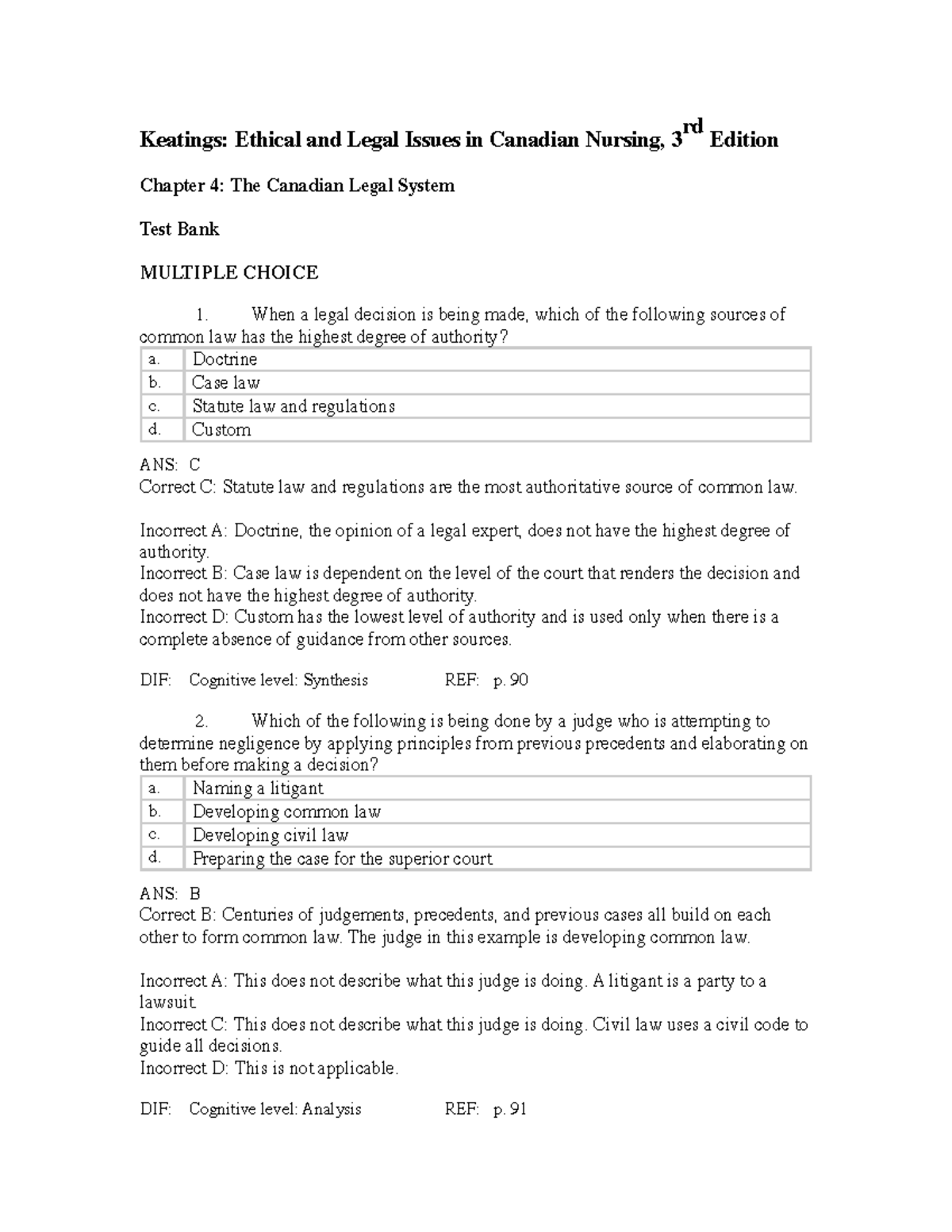 Chapter 004 - Test Bank for Ethical and Legal Issues in Canadian ...