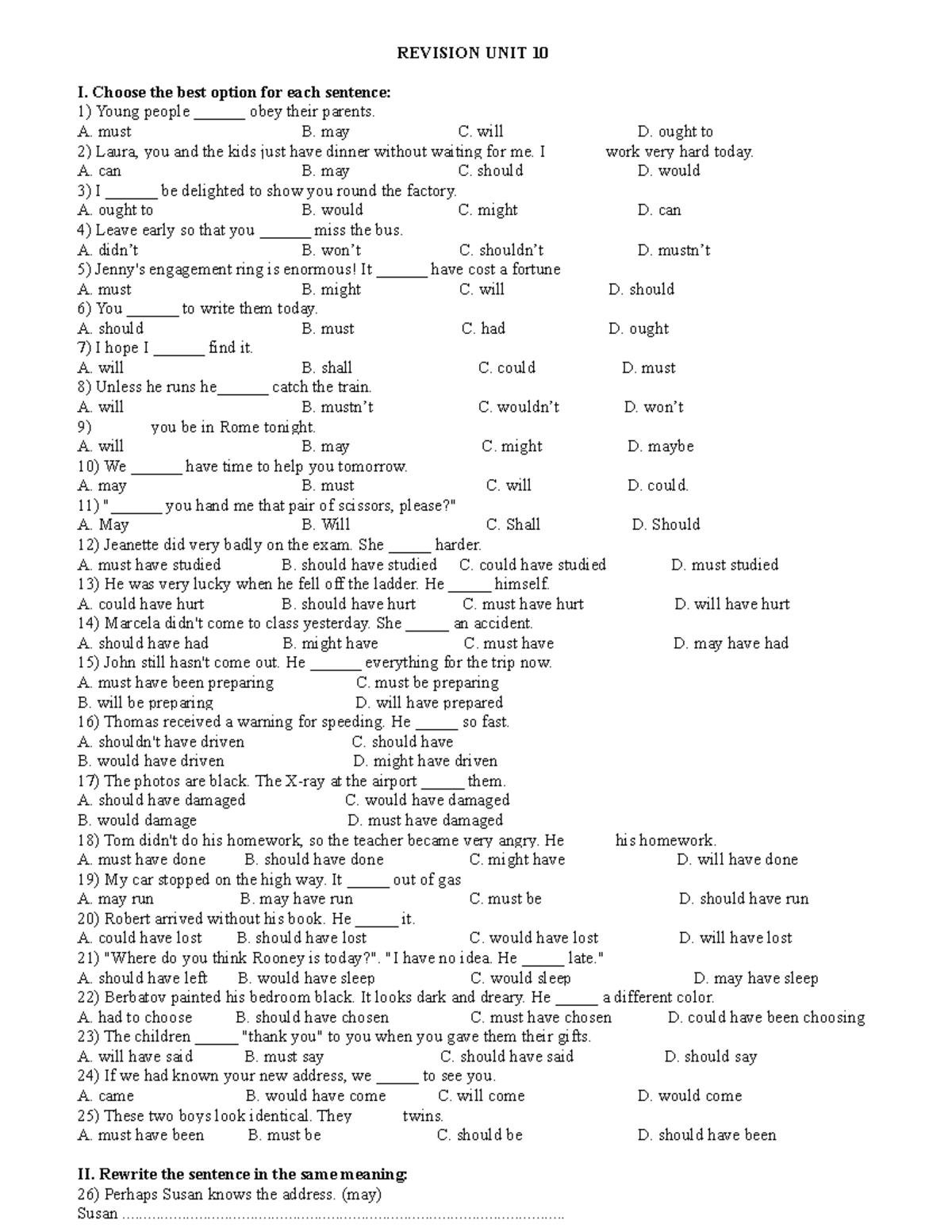 Unit 10 - noffvc - REVISION UNIT 10 I. Choose the best option for each ...