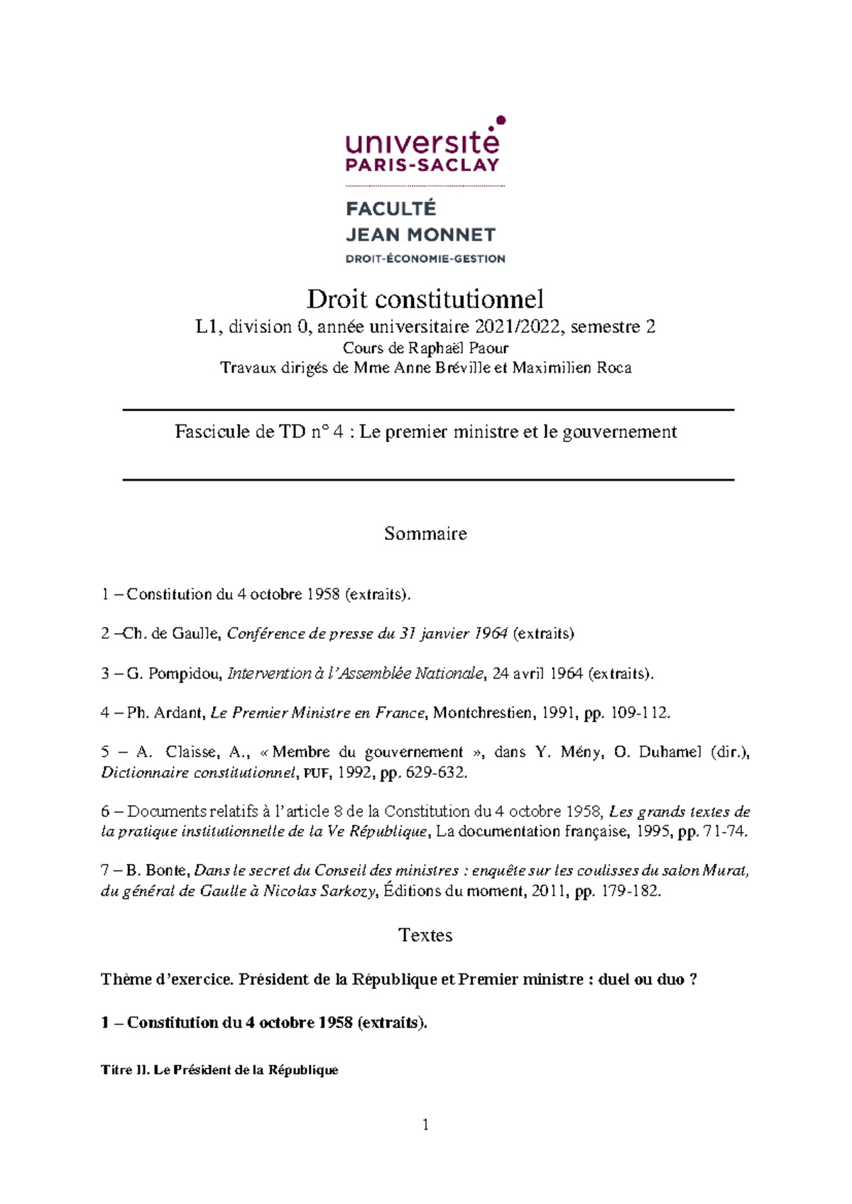 Fascicule 4 - Le Rôle du Premier Ministre et du Gouvernement - S2 - Studocu
