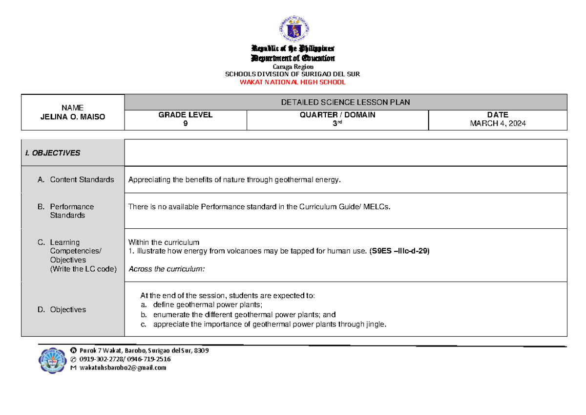 Geothermal Power Plants Lesson Plan - Grade 9 Science DLP 9 - Studocu