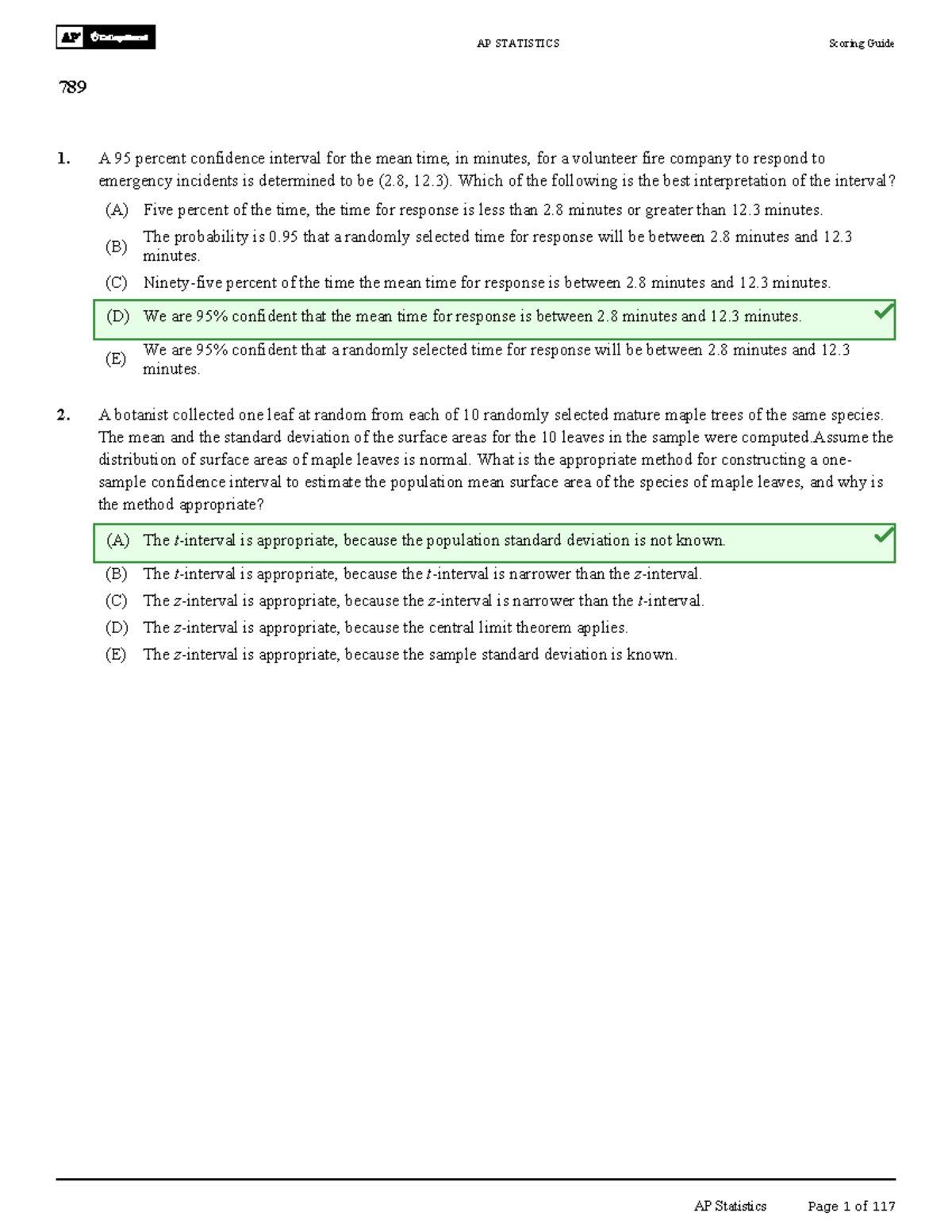 AP STATISTICS Scoring Guide 789: Confidence Intervals and Hypothesis ...