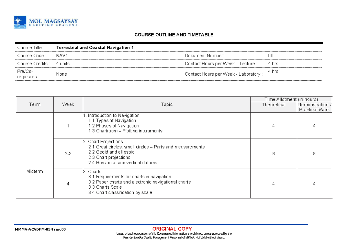 NAV1 Course Outline: Terrestrial and Coastal Navigation 1 - Studocu