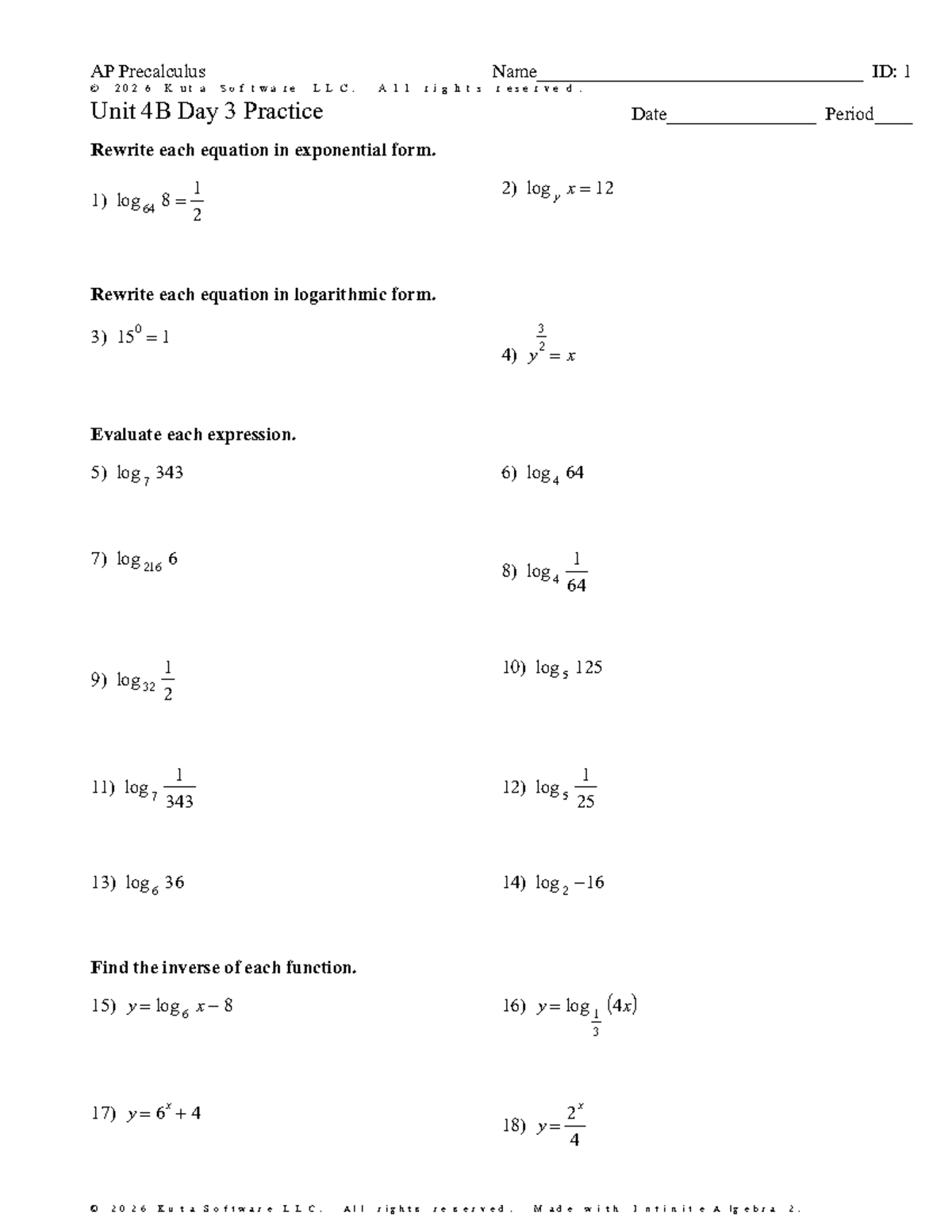 AP Precalculus Unit 4B Day 3 Practice: Logarithmic & Exponential Forms ...