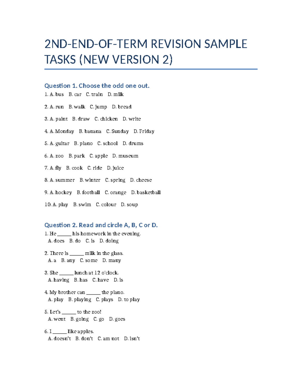 English Revision Sample 2: Odd One Out & Language Tasks - Studocu