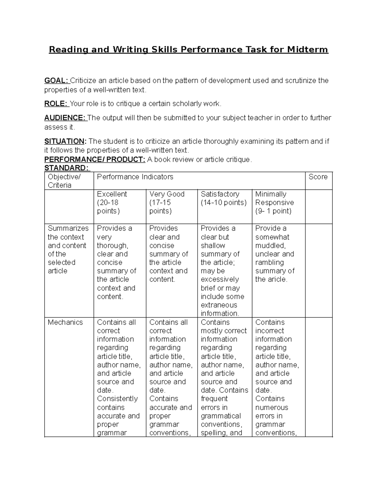 RAW - Performance Task for Midterm - Reading and Writing Skills ...